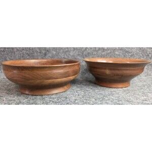 Handcrafted Wooden Bowls Set Of 2 Carved Hardwood Decorative Serving Vtg